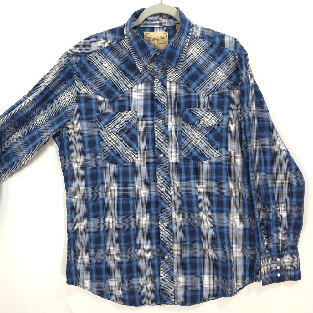 Wrangler Western Shirt Pearl Snap Blue Plaid Long‎ Sleeve Men L Cowboy Workwear